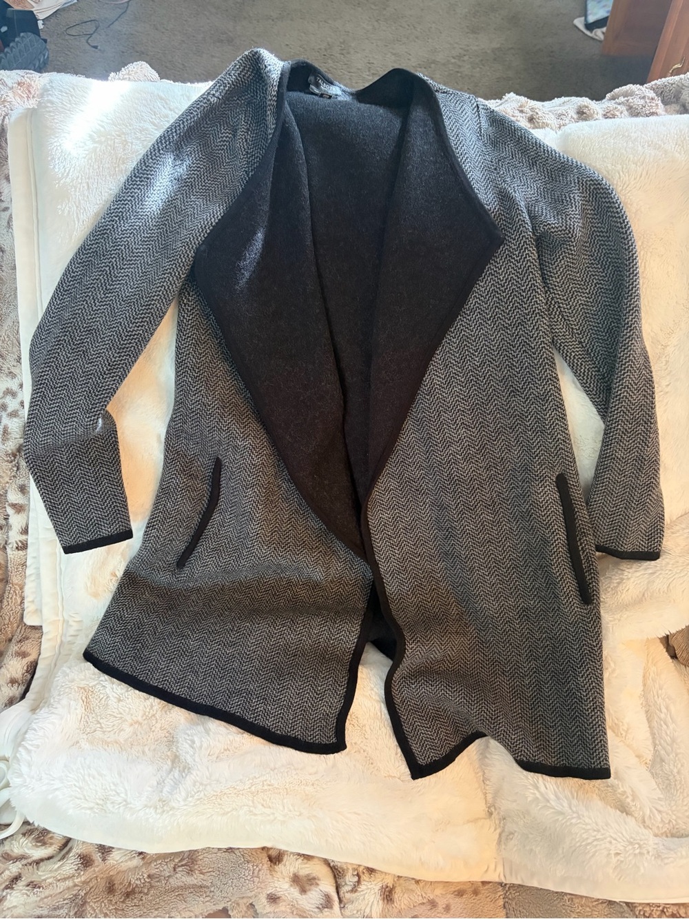Talbots Gray Herringbone Open-Front Cardigan with Black Trim